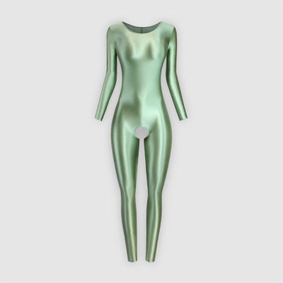 Open Crotch Shiny Metallic Satin Bodysuit - Full Leg Ankle Length Full Arm Unisex Unitard - Glossywear Designs