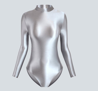 Shiny Long Sleeve Back Zipper Leotard Bodysuit | High - Shine Elastic Swimwear | Super Stretch Fabric | Plus Size - Glossywear Designs