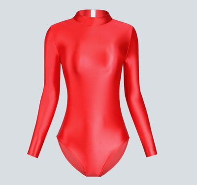 Shiny Long Sleeve Back Zipper Leotard Bodysuit | High - Shine Elastic Swimwear | Super Stretch Fabric | Plus Size - Glossywear Designs