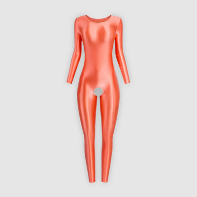 Open Crotch Shiny Metallic Satin Bodysuit - Full Leg Ankle Length Full Arm Unisex Unitard - Glossywear Designs