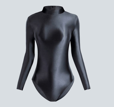 Shiny Long Sleeve Back Zipper Leotard Bodysuit | High - Shine Elastic Swimwear | Super Stretch Fabric | Plus Size - Glossywear Designs