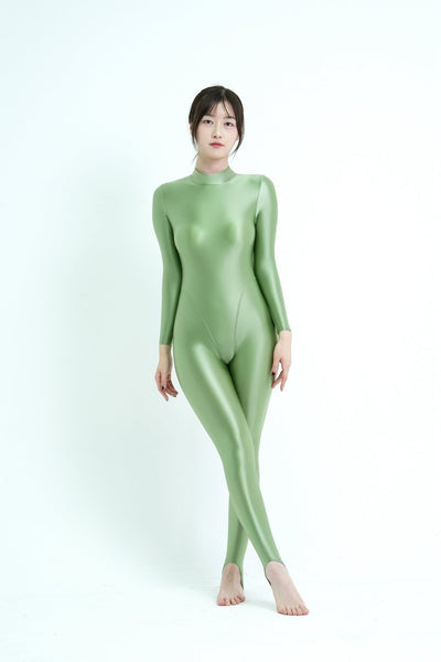 [Winter 2024 New Product New Color] Full - Body Unitard with High Neck, Back Zipper, Long Sleeves, and Strap Footed Design - Glossywear Designs