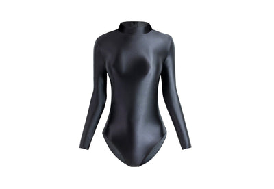 Shiny Long Sleeve Back Zipper Leotard Bodysuit | High - Shine Elastic Swimwear | Super Stretch Fabric | Plus Size - Glossywear Designs