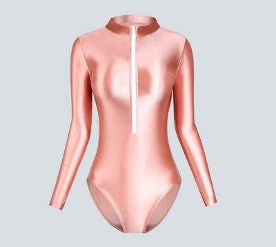 Front Zipper Shiny Leotard Long Sleeve Bodysuit - 13 Colors - Glossywear Designs