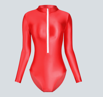 Front Zipper Shiny Leotard Long Sleeve Bodysuit - 13 Colors - Glossywear Designs