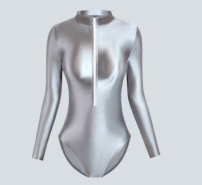 Front Zipper Shiny Leotard Long Sleeve Bodysuit - 13 Colors - Glossywear Designs