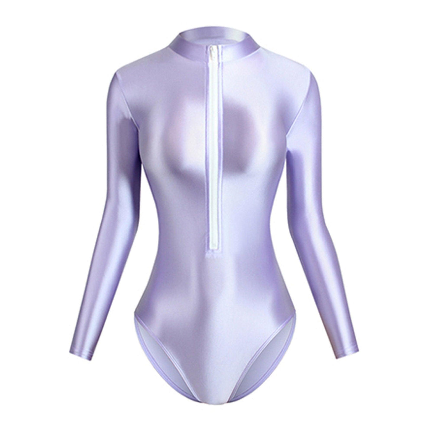 Front Zipper Shiny Leotard Long Sleeve Bodysuit - 13 Colors - Glossywear Designs